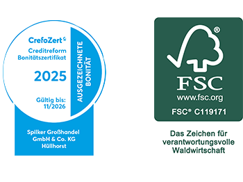 2 Siegel: CrefoZert Creditreform Bonitätszertifikat 2025 - Gültig bis 11/2026. Und: FSC C119171 - Das Zeichen für verantwortungsvolle Waldwirtschaft.