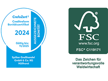 2 Siegel: CrefoZert Creditreform Bonitätszertifikat 2024 - Gültig bis 11/2025. Und: FSC C119171 - Das Zeichen für verantwortungsvolle Waldwirtschaft.